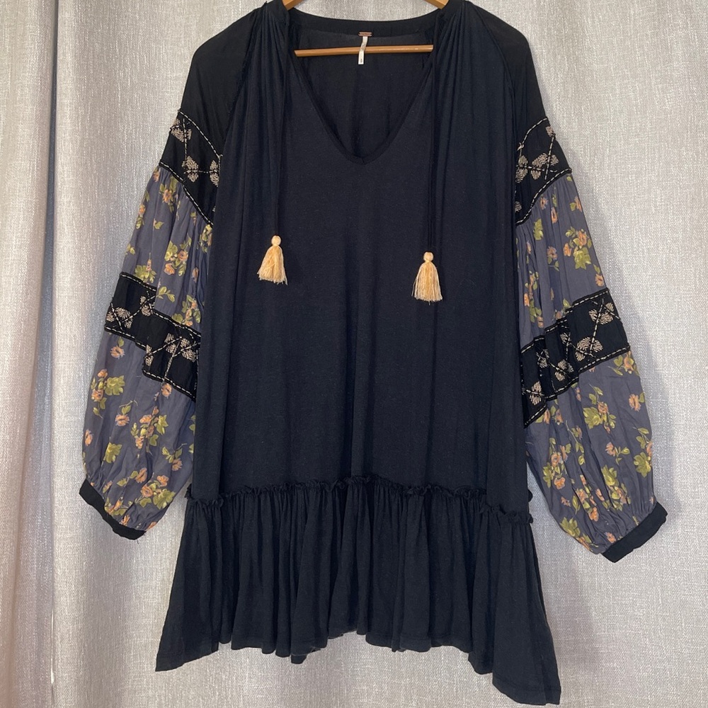 Free People Washed Black Embroidered Tunic Size Small